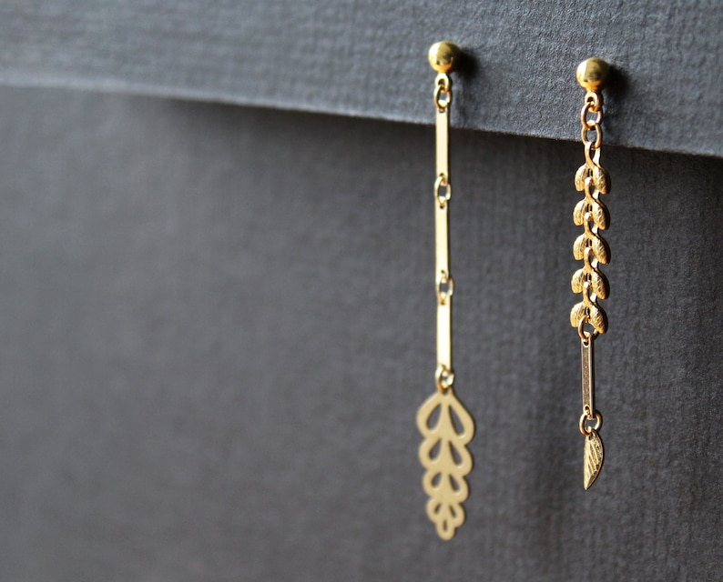 Mismatched earrings, brass metal leaf earrings, asymmetrical long dangle earrings, nature lover leaves gold studs, modern bar chain Fern image 2