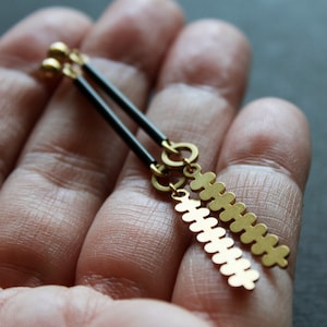 Brass geometric botanical earrings, modern branch long leaf earrings, gold and black tube bar post earrings edgy contemporary jewelry-Farley image 3