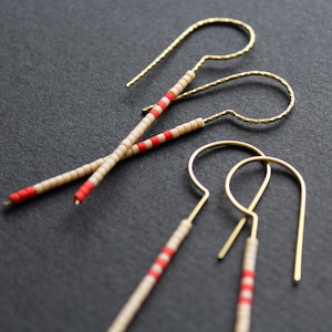 Linear long bar beaded earrings, beige and red green seed bead earrings, minimalist geometric modern, colorblock brass dangle hoops -Loop