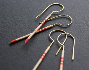 Linear long bar beaded earrings, beige and red green seed bead earrings, minimalist geometric modern, colorblock brass dangle hoops -Loop