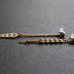 Mismatched earrings, brass metal leaf earrings, asymmetrical long dangle earrings, nature lover leaves gold studs, modern bar chain Fern image 7