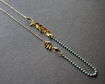 Turquoise blue two tone chain necklace botanical necklace asymmetric necklace gold leaves necklace dainty long necklaces for women -Uzima