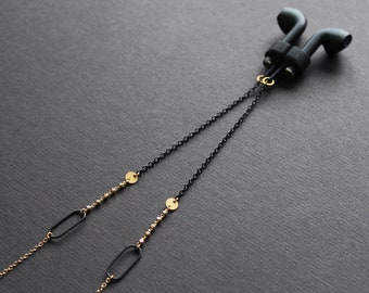 Anti lost earbud chain strap, black and gold ear pods holder necklace, modern bluetooth earphone lanyard, music lover gift for her - Diem