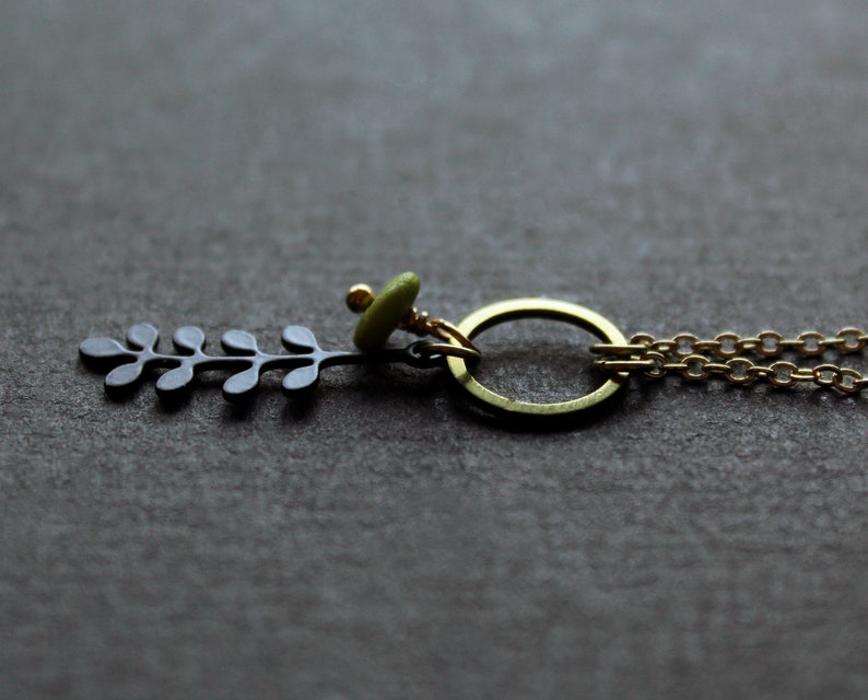 Short dainty botanical necklace, matte black leaf pendant necklace, multi charm necklace, pink chartreuse green white glass bead Solis image 6