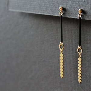 Brass geometric botanical earrings, modern branch long leaf earrings, gold and black tube bar post earrings edgy contemporary jewelry-Farley image 2