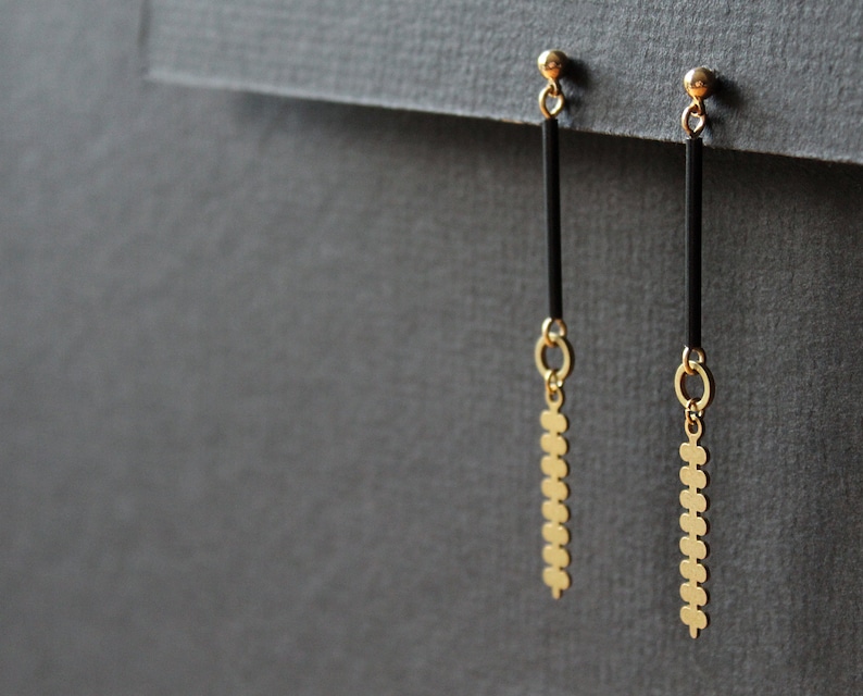 Brass geometric botanical earrings, modern branch long leaf earrings, gold and black tube bar post earrings edgy contemporary jewelry-Farley image 2