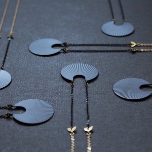 Crescent moon necklace matte black geometric necklace long necklaces for women art deco pendant fan necklace circle brass jewelry Calixte image 7
