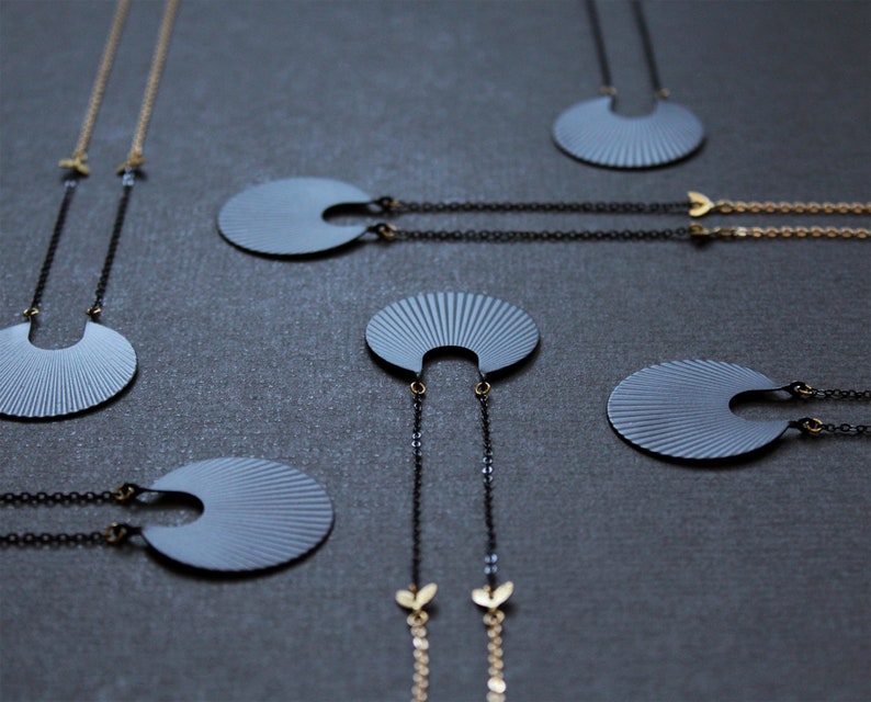 Crescent moon necklace matte black geometric necklace long necklaces for women art deco pendant fan necklace circle brass jewelry Calixte image 7