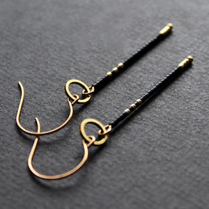 Matte black and gold beaded earrings, thin linear long bar seed bead earrings, geometric round circle, minimal modern brass earrings Larna image 6