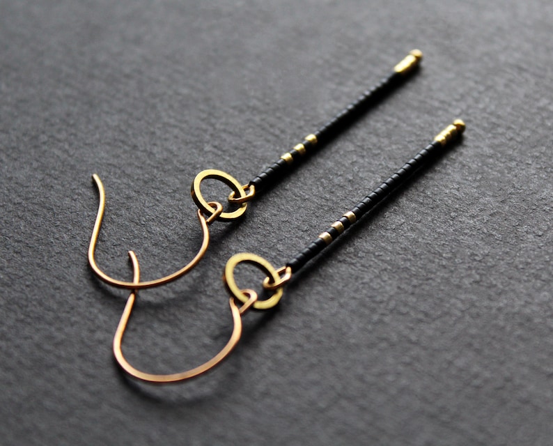 Matte black and gold beaded earrings, thin linear long bar seed bead earrings, geometric round circle, minimal modern brass earrings Larna image 6