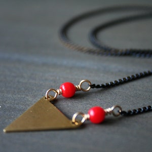 Gold triangle necklace, geometric necklaces for women, short pendant necklace red beads, arrow necklace black chain, brass jewelry Nerys N image 4