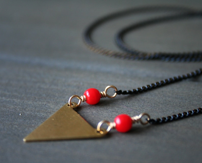 Gold triangle necklace, geometric necklaces for women, short pendant necklace red beads, arrow necklace black chain, brass jewelry Nerys N image 4