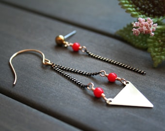 Mismatched earrings asymmetrical earring triangle earrings red earrings brass jewelry asymmetric earrings long gold geometric - Nerys E