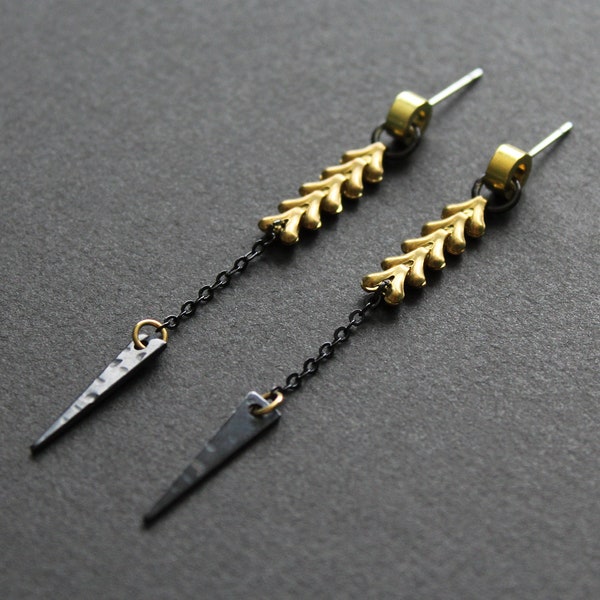 Chevron chain earrings, hammered brass black triangle earrings, geometric long dangle gold circle studs, spike earrings gift for her - Quest