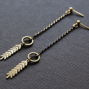 Botanical brass gold and black metal leaf earrings, dainty linear dangle long chain earrings, nature flora leaves fern studs drop Twig image 5