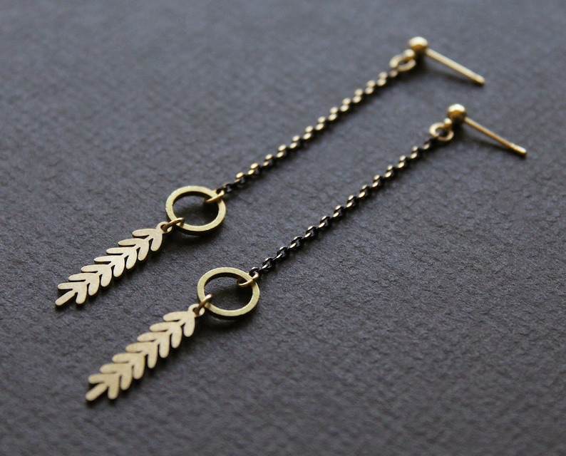 Botanical brass gold and black metal leaf earrings, dainty linear dangle long chain earrings, nature flora leaves fern studs drop Twig image 5