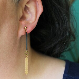 Brass geometric botanical earrings, modern branch long leaf earrings, gold and black tube bar post earrings edgy contemporary jewelry-Farley image 4