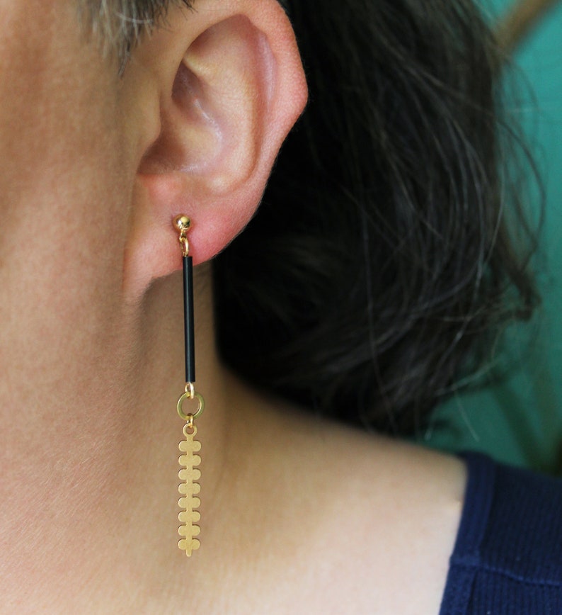 Brass geometric botanical earrings, modern branch long leaf earrings, gold and black tube bar post earrings edgy contemporary jewelry-Farley image 4