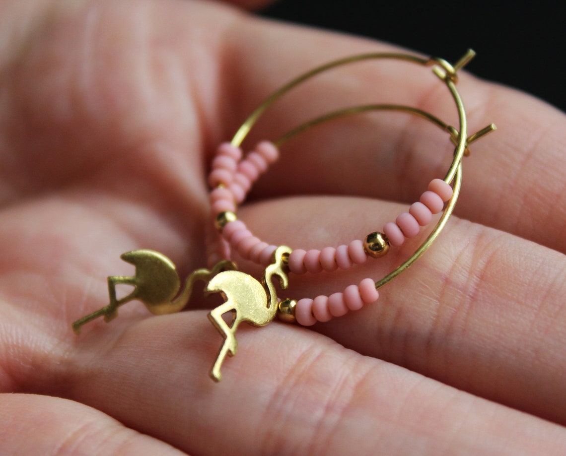 Flamingo Earrings Beaded Hoop Earrings With Charm Pink Small - Etsy