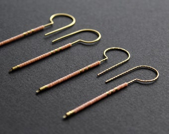 Light pink and gold earrings, thin linear long bar seed bead earrings, unusual open hoops minimalist modern unique, brass wire hoop - Loop