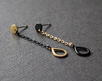 Black and Gold Teardrop Stud Earrings, Brass Asymmetrical
