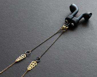 Anti-lost earpod holder, black nature earbud necklace, modern ear pods chain with gold brass leaves, wireless earphone lanyard strap - Wanda