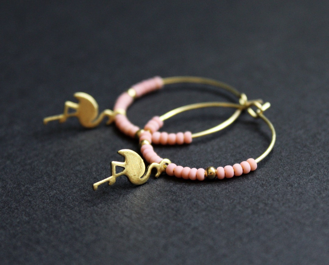 Flamingo Earrings Beaded Hoop Earrings With Charm Pink Small Seed Bead ...