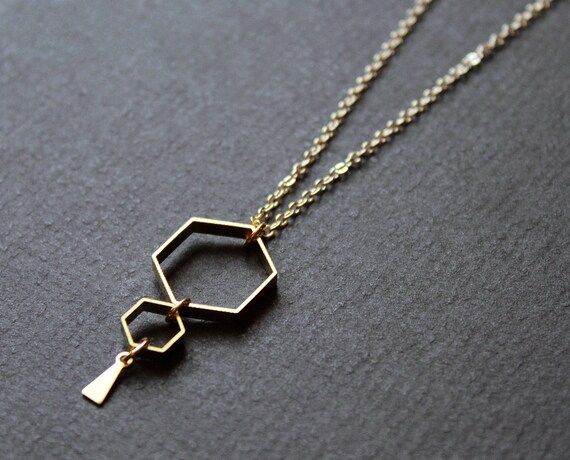 Long geometric necklace hexagon necklace gold honey comb honey bee necklace beekeeper gift brass jewelry birthday gifts for women - Ruche N