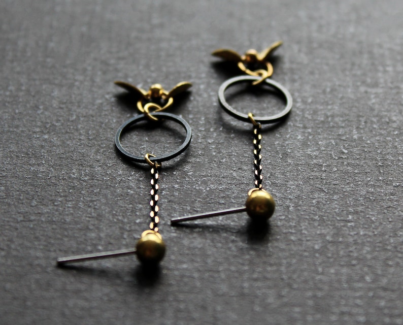 Black dangle earrings open circle earrings gold leaf drop earrings long stud earrings brass earrings chain earrings nature jewelry Valda image 4