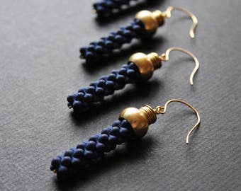 Navy blue dangle earrings unusual earrings rope earrings dark blue earrings beaded earrings big golden earrings nautical earrings -Elizabeth