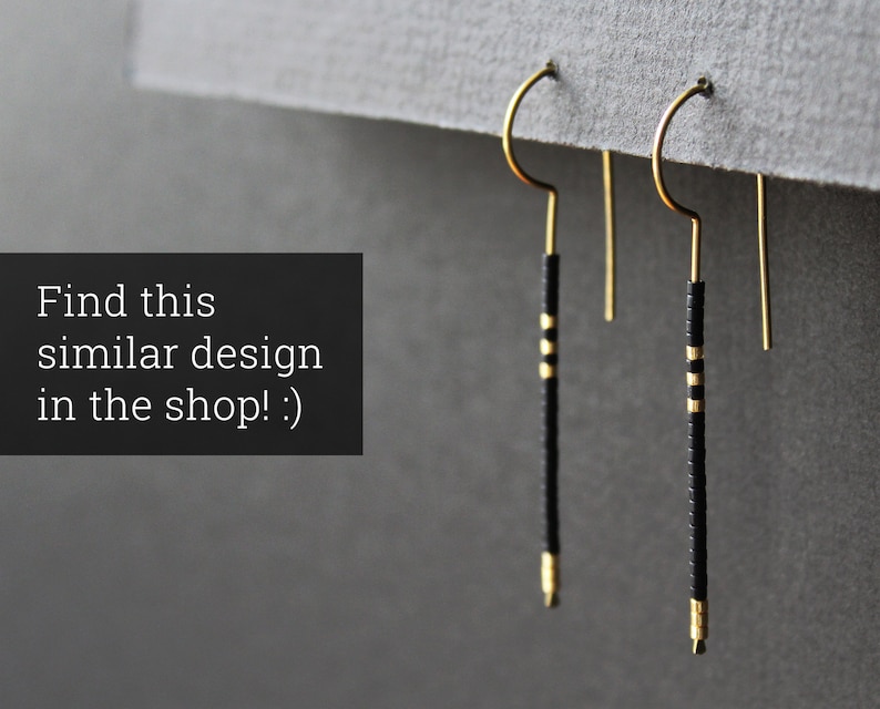 Matte black and gold beaded earrings, thin linear long bar seed bead earrings, geometric round circle, minimal modern brass earrings Larna image 9