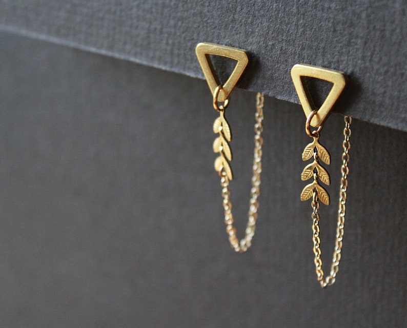 Front back earrings, double sided earring, geometric triangle studs, modern ear jacket, long gold chain unusual earrings, brass jewelry-Mara image 1