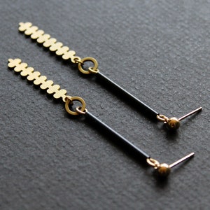 Brass geometric botanical earrings, modern branch long leaf earrings, gold and black tube bar post earrings edgy contemporary jewelry-Farley image 6