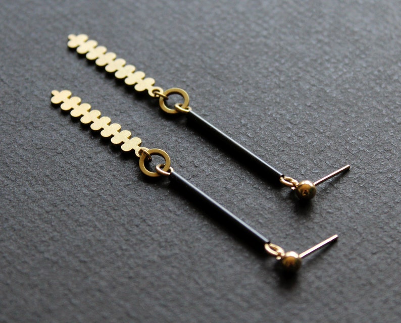 Brass geometric botanical earrings, modern branch long leaf earrings, gold and black tube bar post earrings edgy contemporary jewelry-Farley image 6