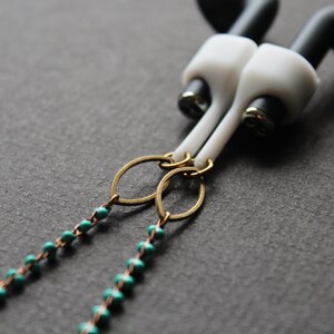 Modern anti-loss earbud strap, turquoise blue wireless ear pods holder necklace with brass leaves, wireless earphones cord lanyard Uzima image 7