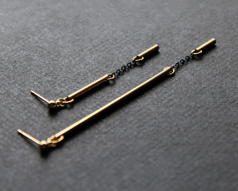 Mismatched earrings, asymmetrical solid brass bar earrings, black and gold long tube stud earrings, contemporary modern edgy earrings Rift image 3