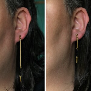 Mismatched earrings, asymmetrical solid brass bar earrings, black and gold long tube stud earrings, contemporary modern edgy earrings Rift image 4