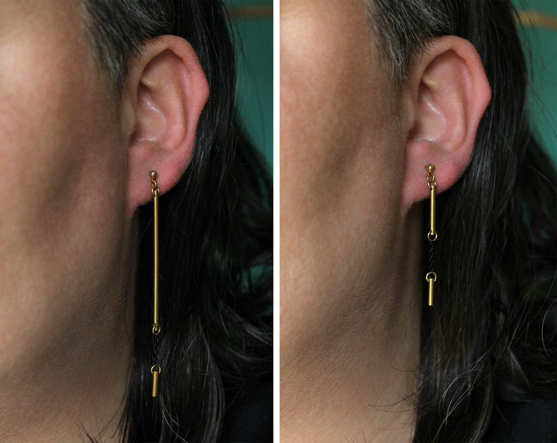 Mismatched earrings, asymmetrical solid brass bar earrings, black and gold long tube stud earrings, contemporary modern edgy earrings Rift image 4