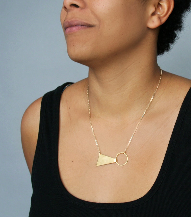 Gold geometric necklace short triangle necklace circle minimalist jewelry brass pendant necklace for women modern bow tie - Tegan Necklace image 1