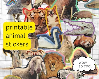 Puede incluir: Pegatinas de animales imprimibles con una variedad de animales, incluyendo un tigre, un panda rojo, un león, un gato, una rana, un caballo, una morsa, un cisne, una oveja, un armadillo, un cocodrilo, un conejo, un cangrejo, un suricato, un erizo, un pez, una mariposa, una ardilla, una estrella de mar, un búho, un tiburón y un perro. Las pegatinas son coloridas y tienen un diseño caprichoso. El texto "pegatinas de animales imprimibles" está escrito en amarillo sobre un fondo negro.