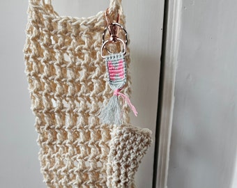 Cream Color Crochet Water Bottle Holder With Grey Pink Bow Alpha Keychain