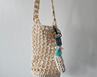 Short Handle Cream color Crochet Water Bottle Holder With Teal Pink Bow Alpha Keychain