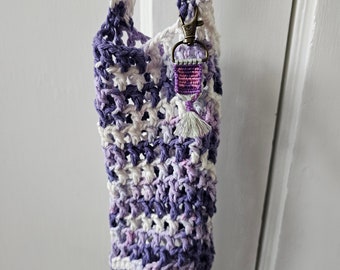 Purple Multicolor Crochet Water Bottle Holder With Purple Pink Bow Alpha Keychain