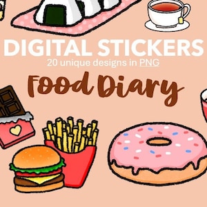 Cute Food printable stickers, print and cut sticker, Digital sticker pack, Stickers bundle, Kawaii Cartoon Food Graphics design stickers