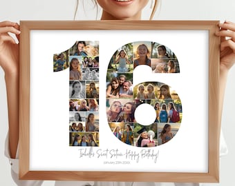 Gepersonaliseerde fotocollage 16e verjaardag, cadeau 16e verjaardag, afdrukbare verjaardag nummer 16, fotocollage Sweet 16, bewerkbare verjaardagsposter