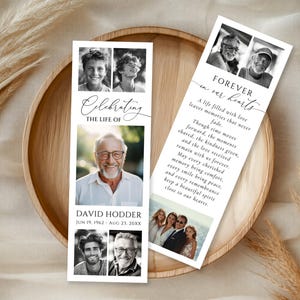 May include: Two vertical funeral program cards featuring black and white photographs of a person at different ages. The text reads Celebrating the life of David Hodder, Jun 19, 1962 - Aug 23, 20XX, and Forever in our hearts with a memorial poem.