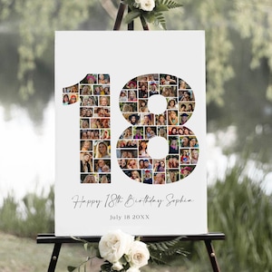 Milestone Birthday Photo Number Poster, 18th Birthday Gift, Birthday Number 18 Printable, 18th Photo Collage, Instant Canva Templates