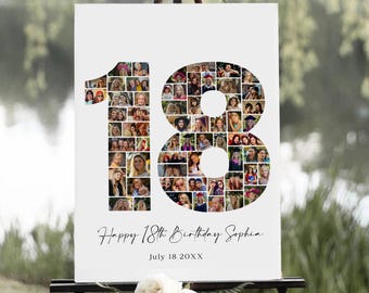 Collage de fotos personalizado para 18 cumpleaños, imprimible con el número 18, regalo para 18 cumpleaños, plantilla de collage de fotos para 18 cumpleaños, Canva editable