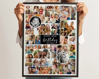 May include: A black and white photo collage with a black border. The collage features many photos of people, including a large photo of a woman in the center. The text "Happy 40th Birthday Rachel" is printed in black on a white background.