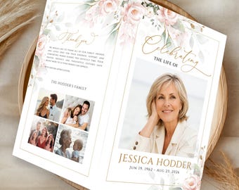 Könnte beinhalten: Ein gefaltetes Trauerprogramm mit zarten rosa Blumenillustrationen, goldenem Text mit der Aufschrift Celebrating The Life Of sowie dem Namen Jessica Hodder und Daten. Das Layout enthält ein großes Porträtfoto und vier kleinere Familienfotos.